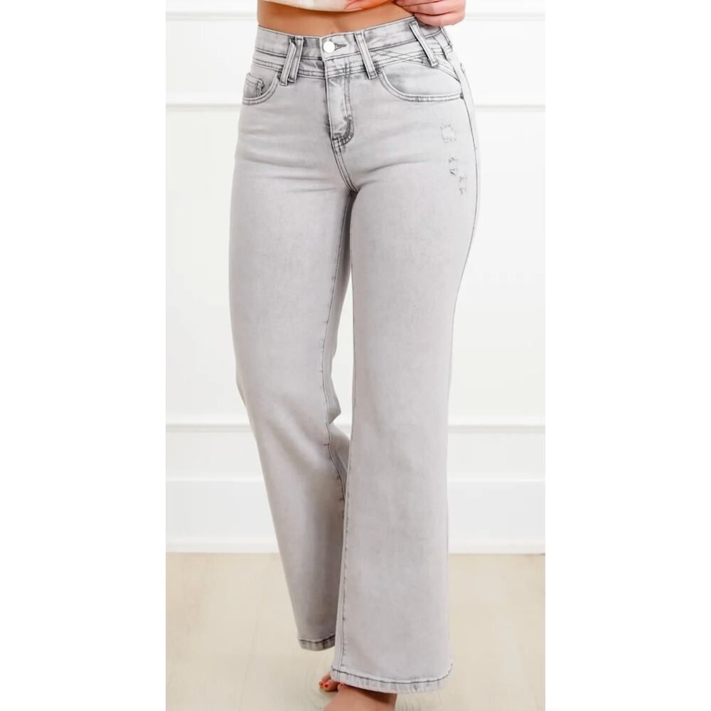 SAIGE High Rise Grey Acid Wash Tummy Control Wide Leg Jeans W10/J9